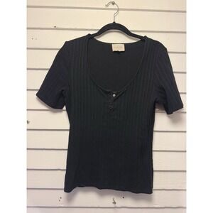 Sezane cotton ribbed short sleeve Black blouse top Snap front shirt S Henley